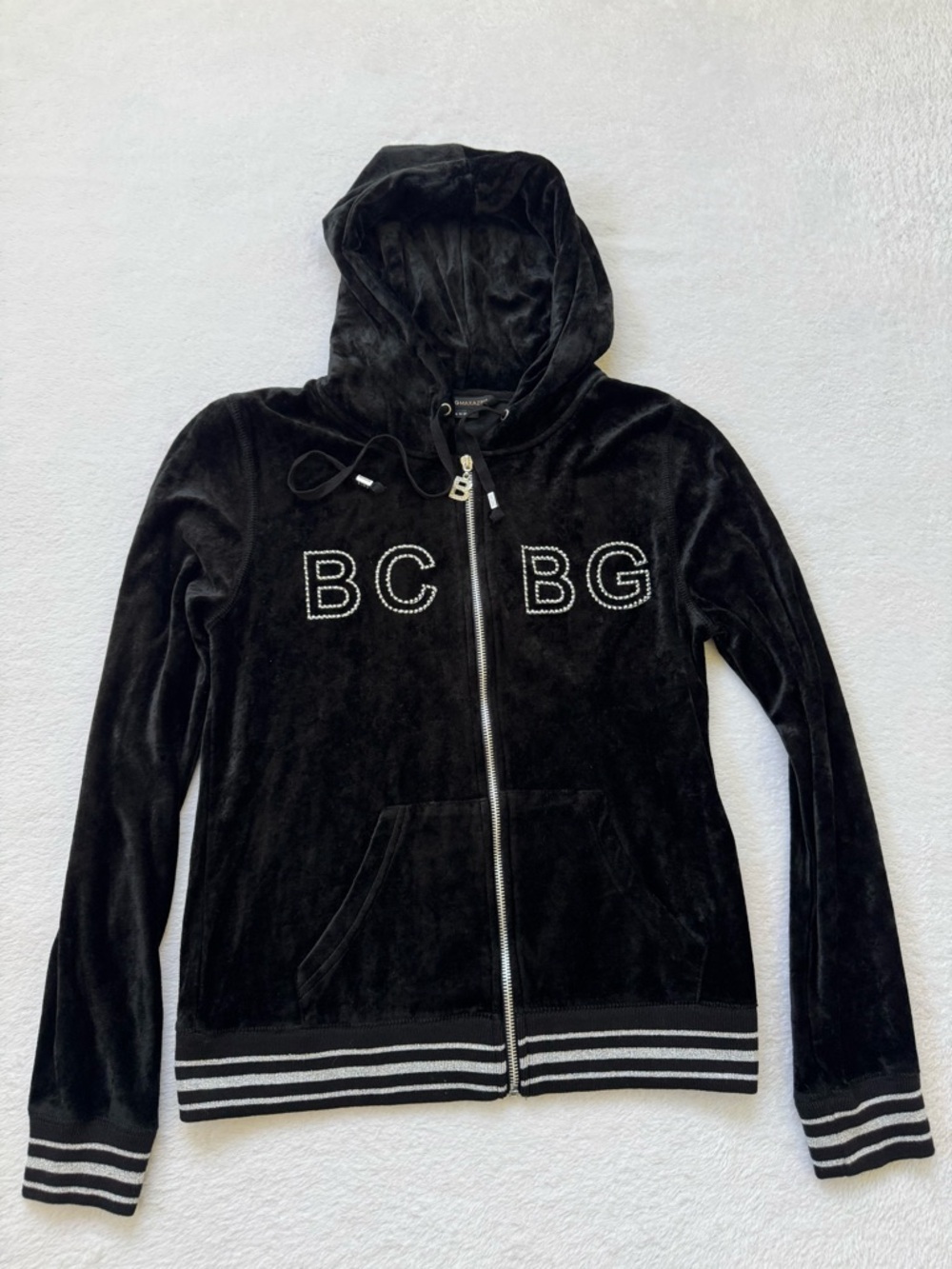 BCBGMaxAzria Black Velour Hoodie with Embellished Logo